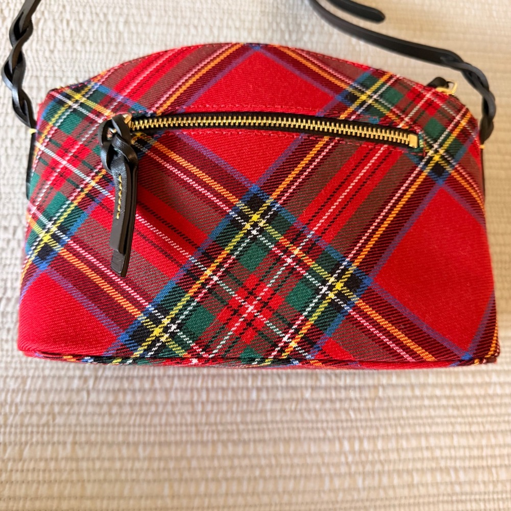 Dooney & Bourke Red Tartan Plaid Crossbody Bag Black Leather Trim Braided Strap - Picture 3 of 11